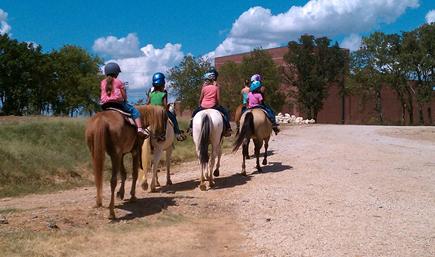 A group of people riding horses down the road.