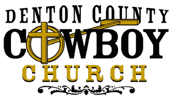 A black and gold logo for the denton college cowboy church.
